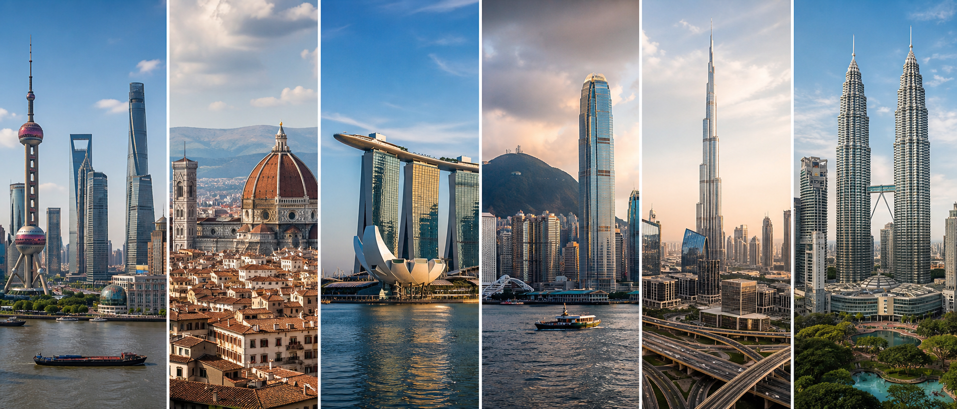 City skylines representing China, Italy, Singapore, Hong Kong, Dubai and Malaysia
